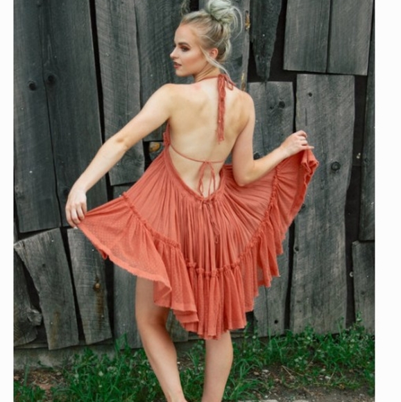 New Bohemian Plunge Halter Swiss Dot Mini Dress - Picture 4 of 8